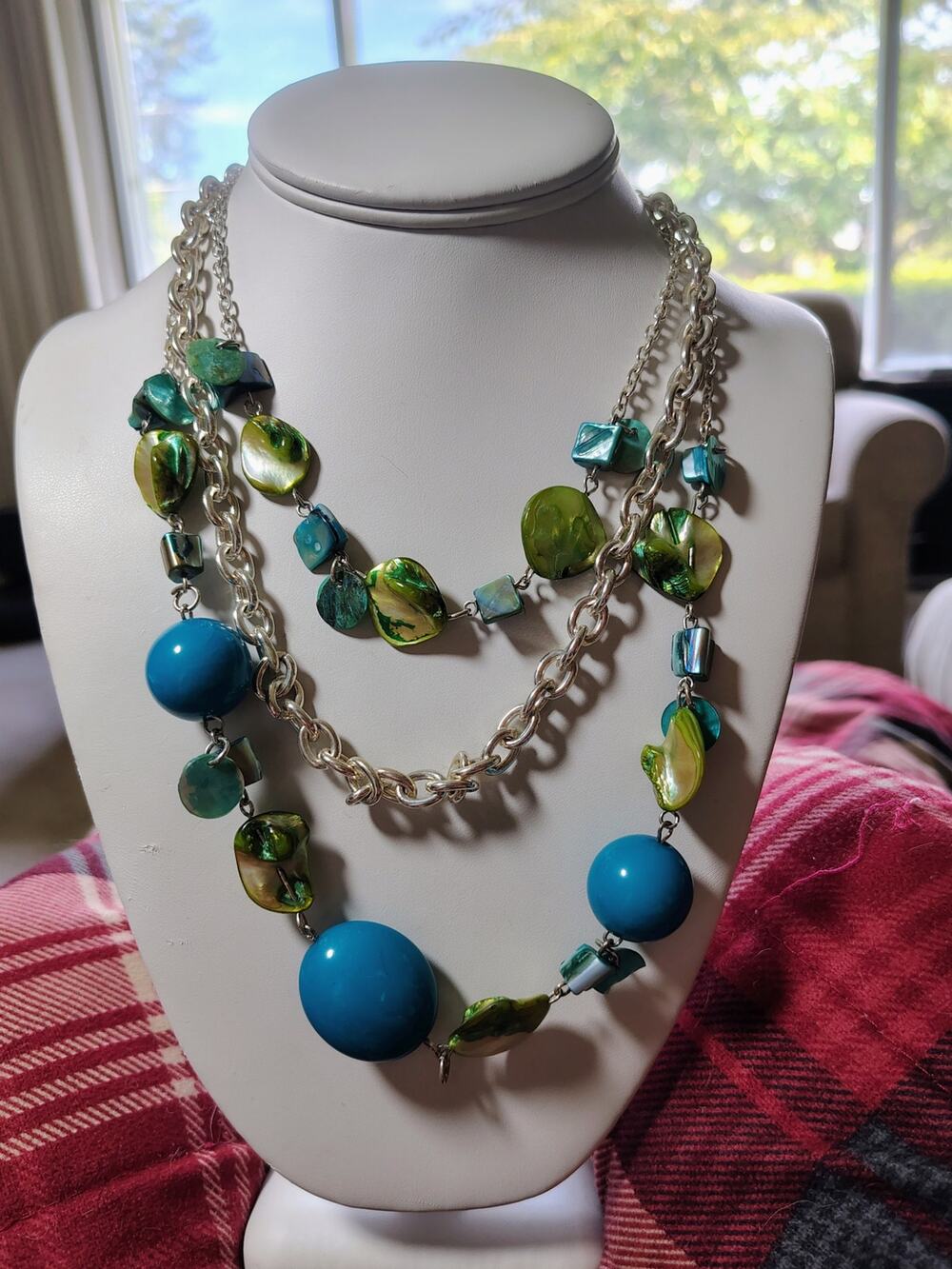 Blue Green Shell Bead Layered Statement Necklace